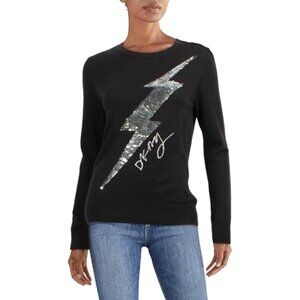 DKNY Womens Pullover Sweater Metallic Sequin Round Neck Black Size Small